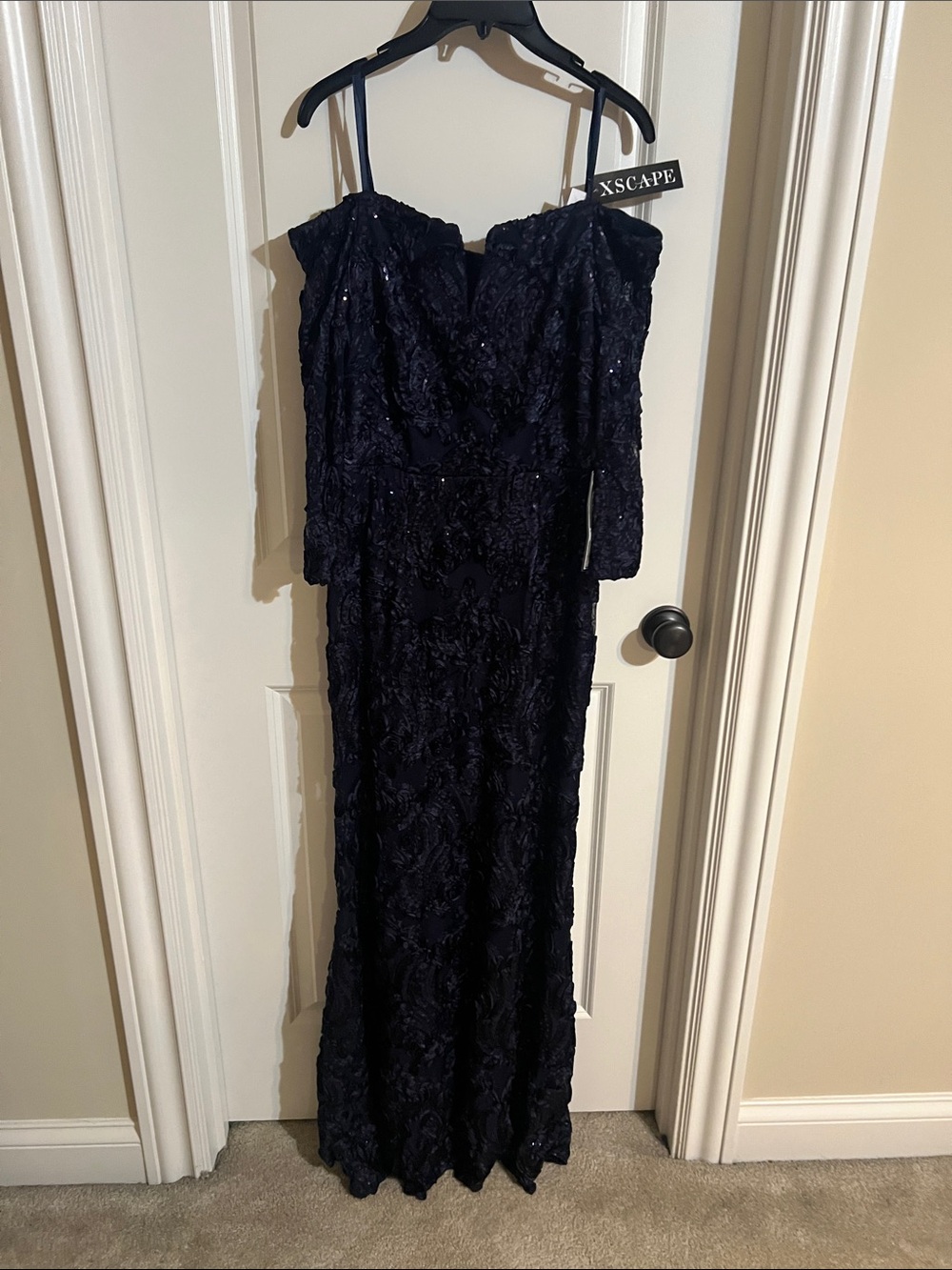 Xscape Navy Off-Shoulder Lace Long Sleeve Evening Gown